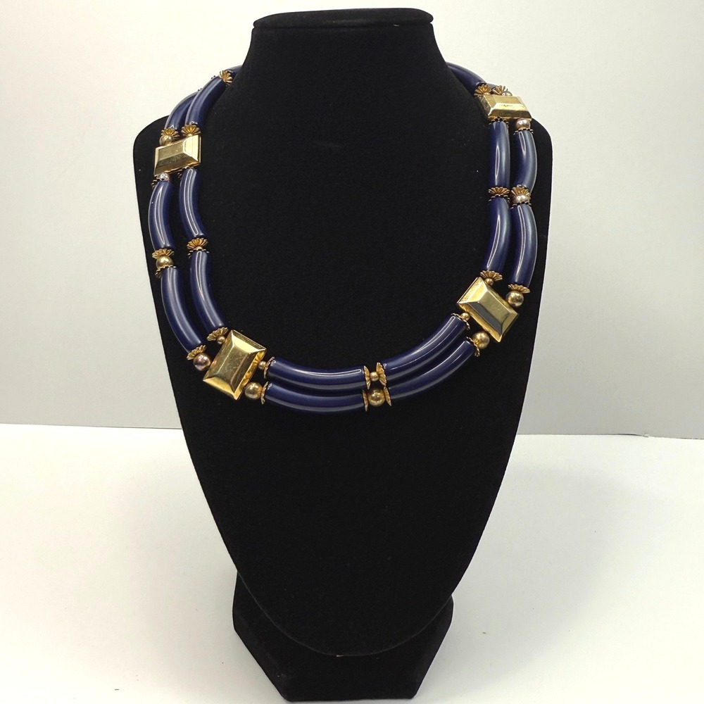 Vintage Acrylic Beaded Statement Necklace Navy Gold Tone Accents Jewelry 8 in L